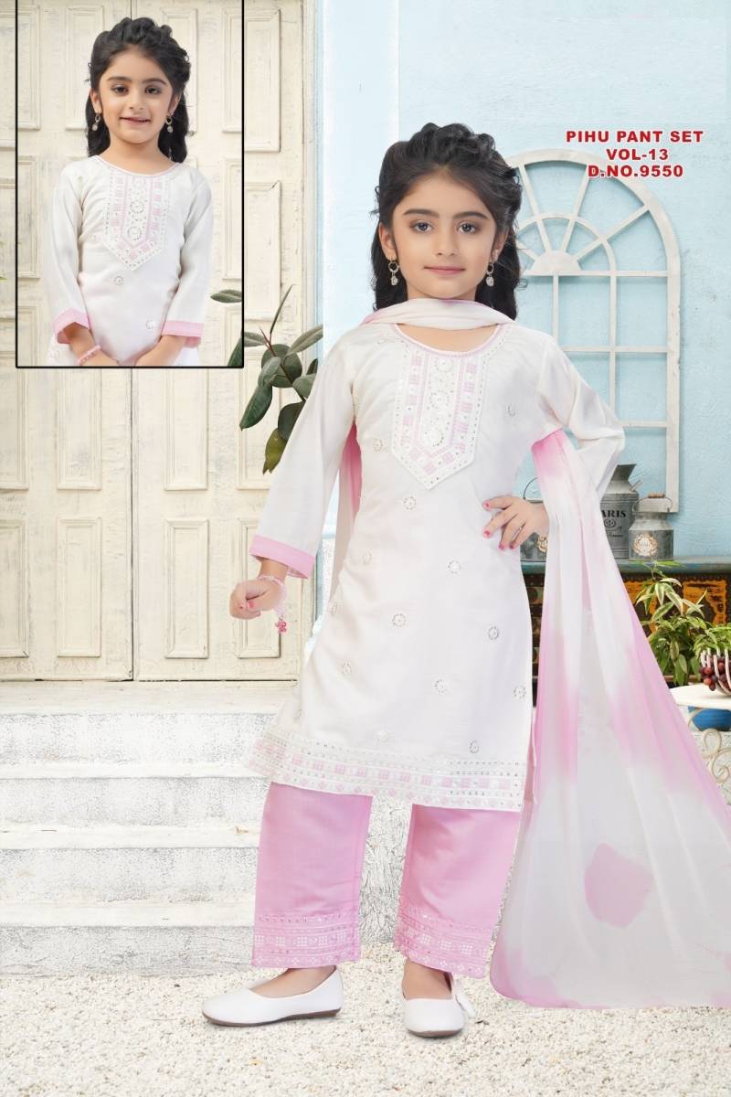 Pihu Pant Set Vol 13 Roman Silk Kids Kurti And Pant Dupatta
