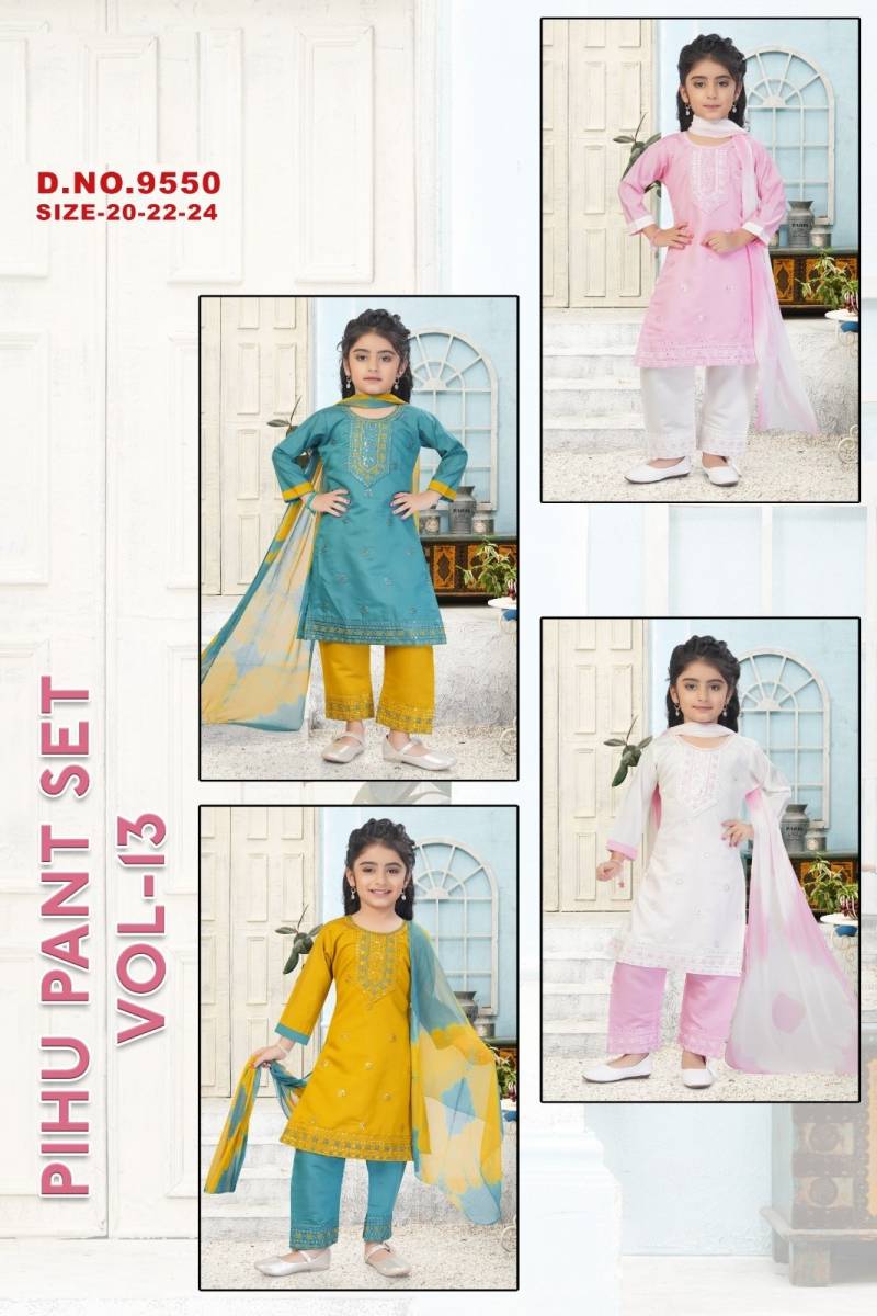Pihu Pant Set Vol 13 Roman Silk Kids Kurti And Pant Dupatta