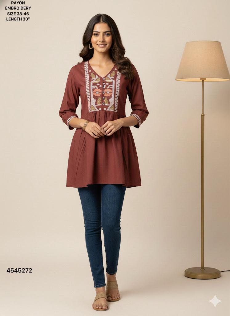 Naisha K 484 Rayon With Embroidery Work Stylish Wear Top Collection