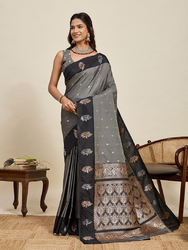 Maahi 210 Party Wear Silver and Gold Zari Weaving Worked Banarasi Silk Saree with Unstitched blouse