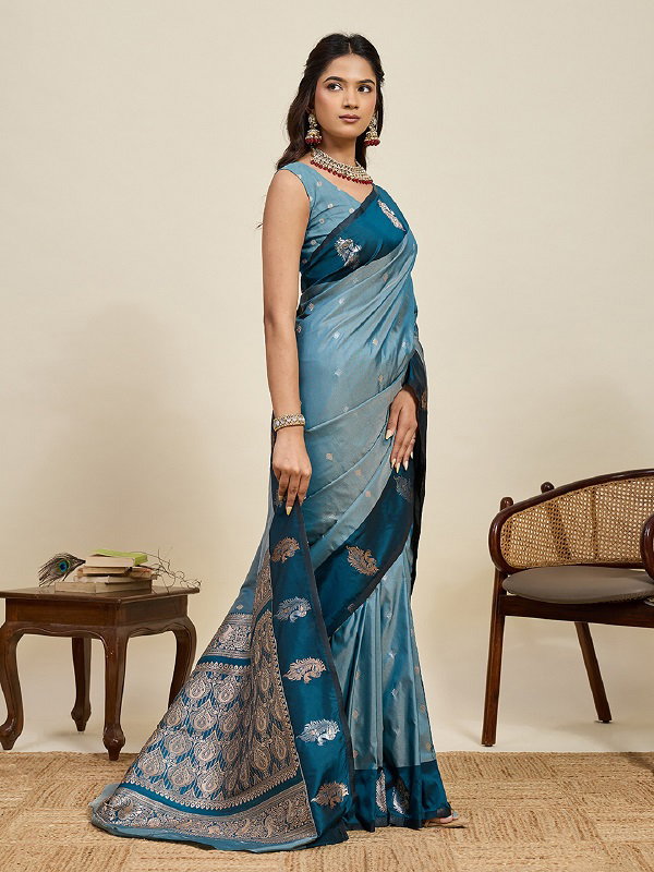 Maahi 210 Party Wear Silver and Gold Zari Weaving Worked Banarasi Silk Saree with Unstitched blouse