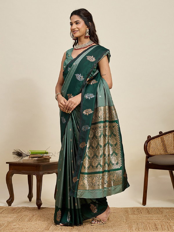 Maahi 210 Party Wear Silver and Gold Zari Weaving Worked Banarasi Silk Saree with Unstitched blouse