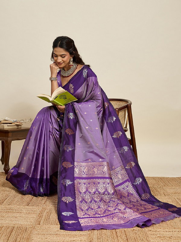Maahi 210 Party Wear Silver and Gold Zari Weaving Worked Banarasi Silk Saree with Unstitched blouse