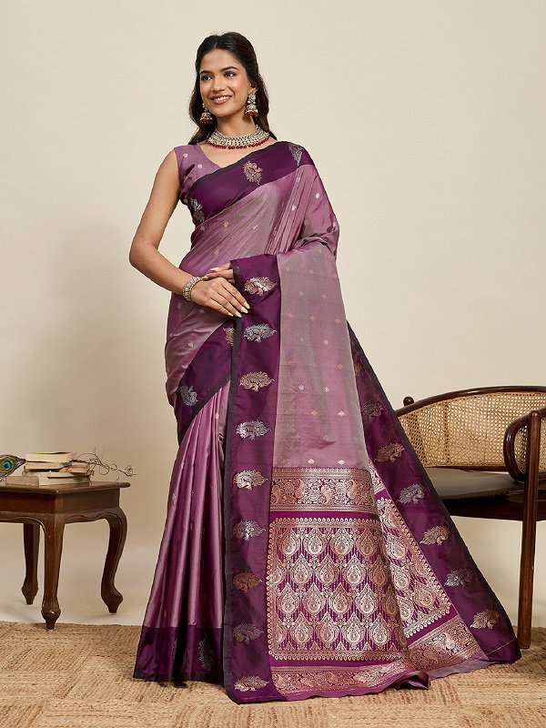 Maahi 210 Party Wear Silver and Gold Zari Weaving Worked Banarasi Silk Saree with Unstitched blouse