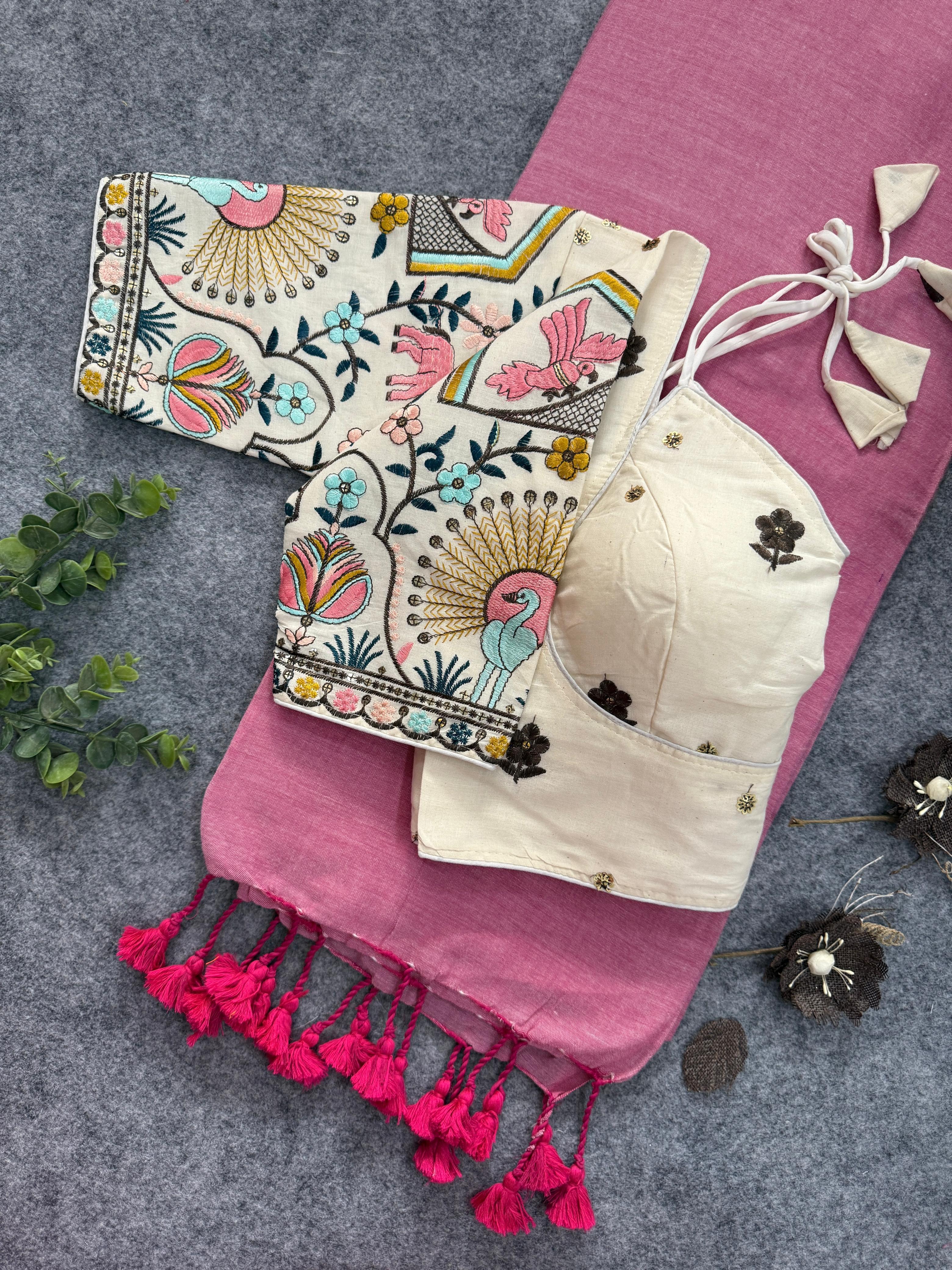 lekha CF 147 Khadi Cotton Plain Saree With Readymade Embroidery Blouse