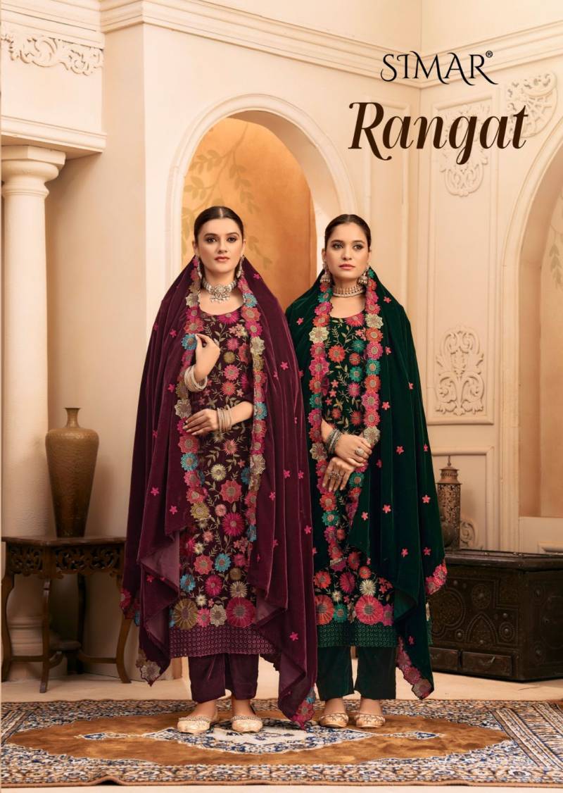 Glossy Simar Rangat Velvet Embroidery Work Designer Salwar Kameez