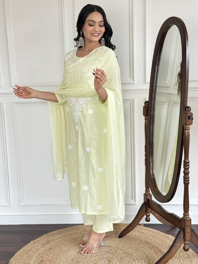 Sku 1572 Cotton With Embroidered Straight Kurti Pant And Dupatta