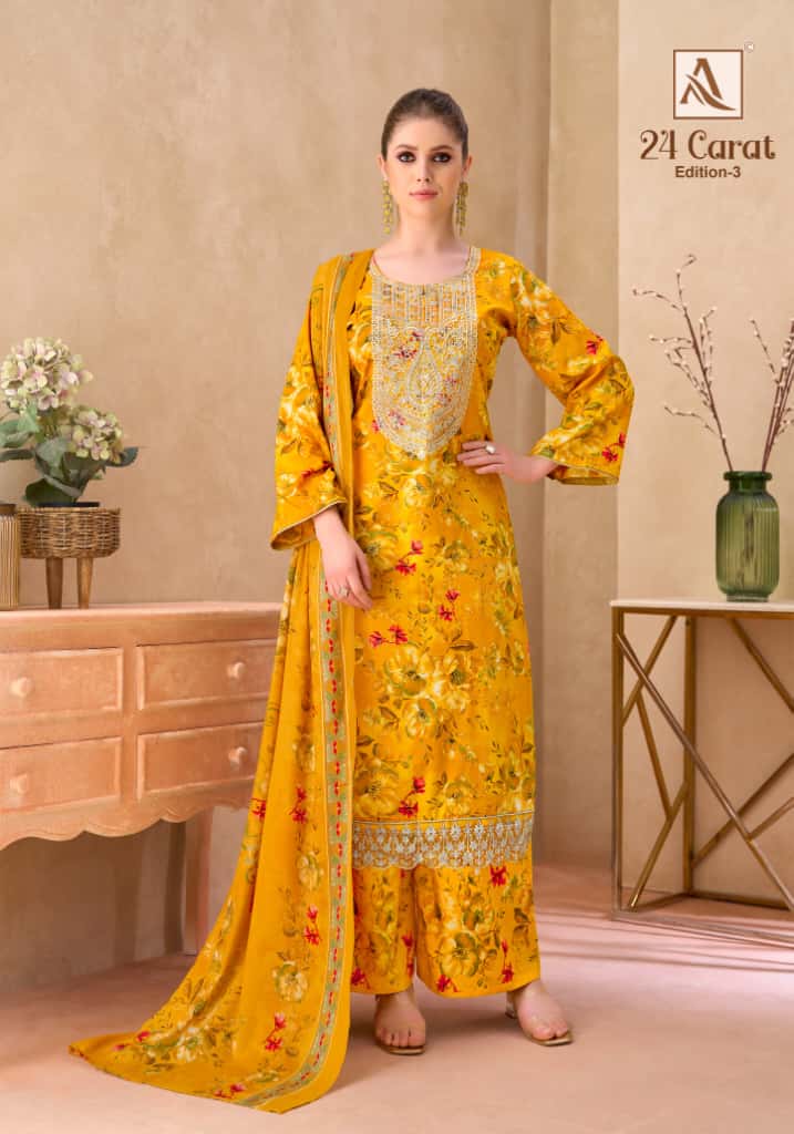 Alok 24 Carat Edition 3 Viscose Rayon Print Embroidery Dress Material