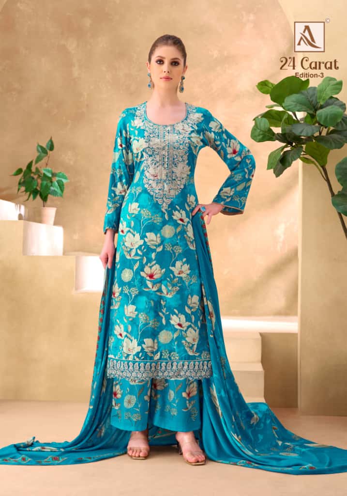 Alok 24 Carat Edition 3 Viscose Rayon Print Embroidery Dress Material