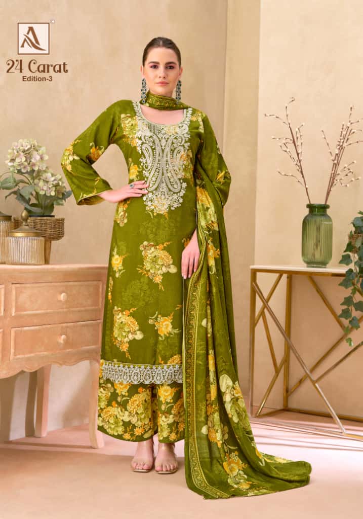 Alok 24 Carat Edition 3 Viscose Rayon Print Embroidery Dress Material