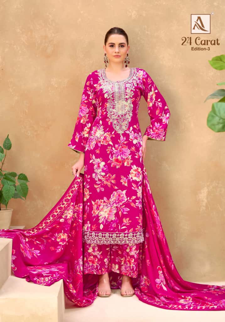 Alok 24 Carat Edition 3 Viscose Rayon Print Embroidery Dress Material