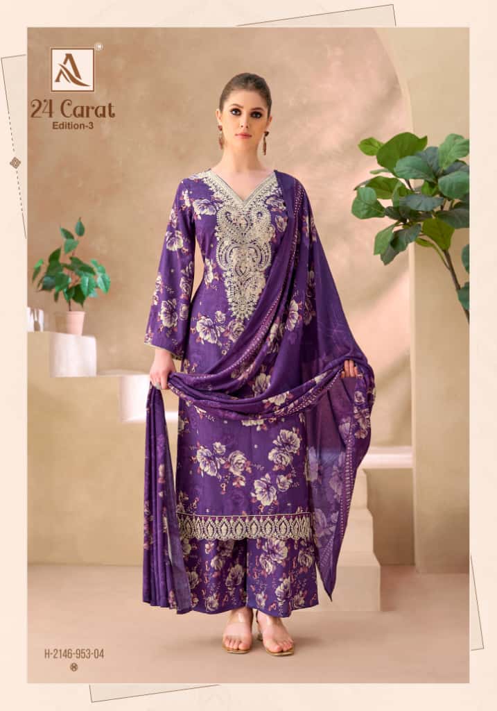 Alok 24 Carat Edition 3 Viscose Rayon Print Embroidery Dress Material