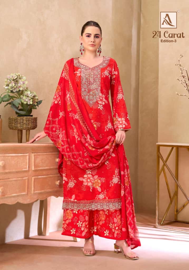 Alok 24 Carat Edition 3 Viscose Rayon Print Embroidery Dress Material
