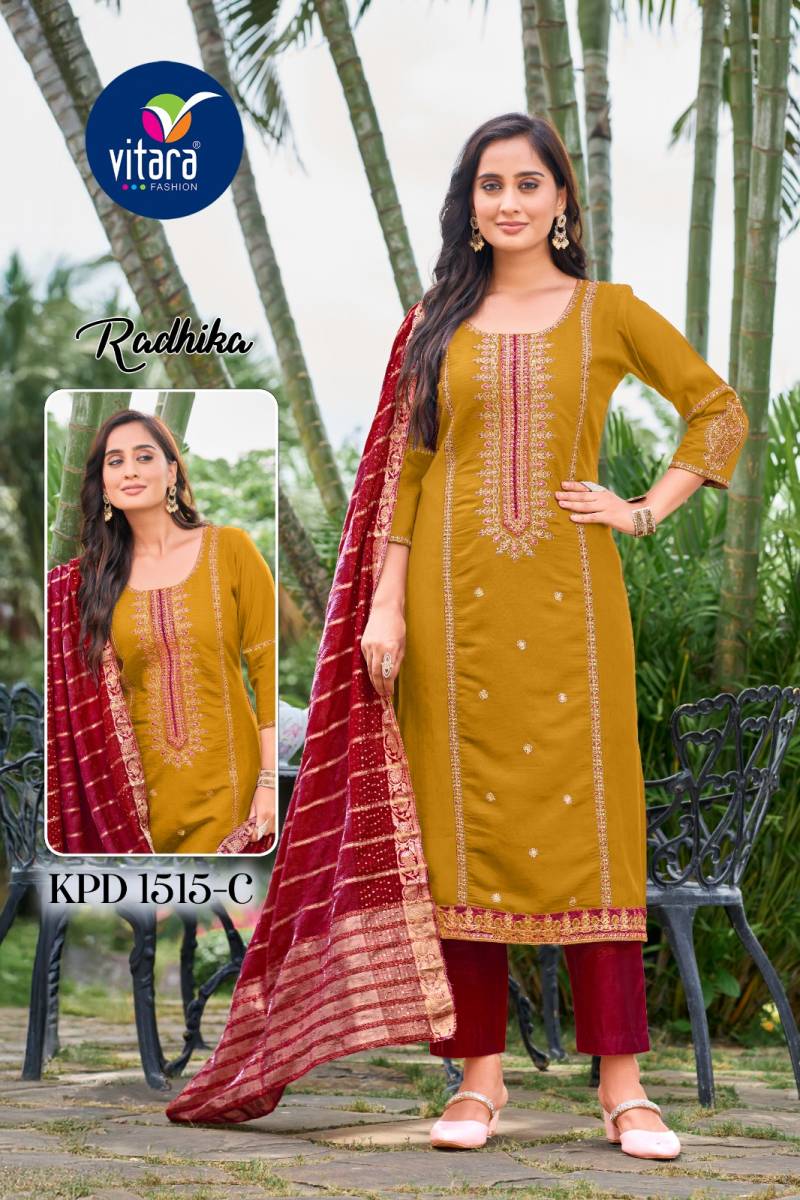 Vitara Radhika Vetican Silk With Embroidery Work Kurti Pant And Dupatta