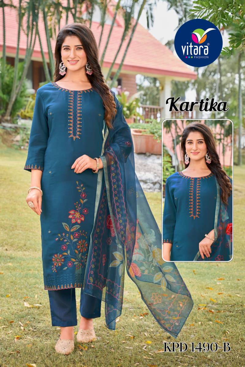 Vitara Kartika Roman Silk With Embroidery Work Kurti Pant And Dupatta