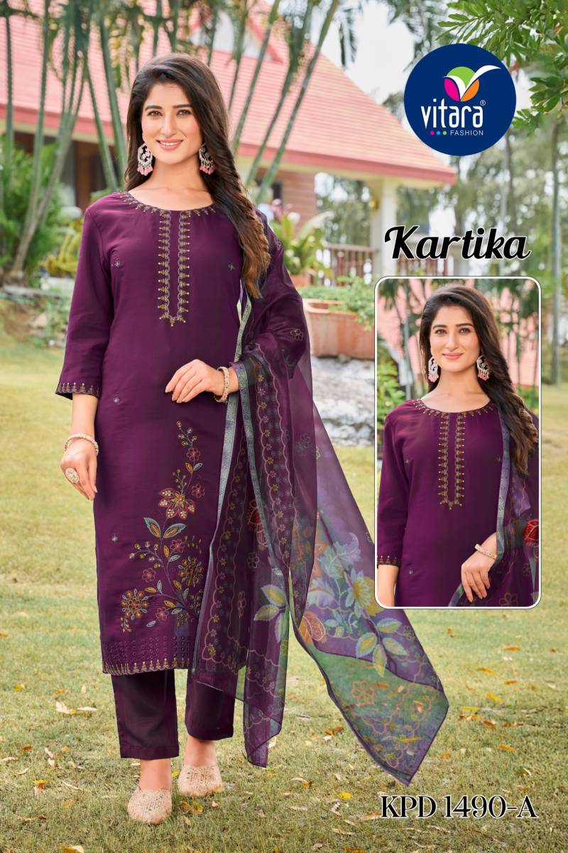 Vitara Kartika Roman Silk With Embroidery Work Kurti Pant And Dupatta