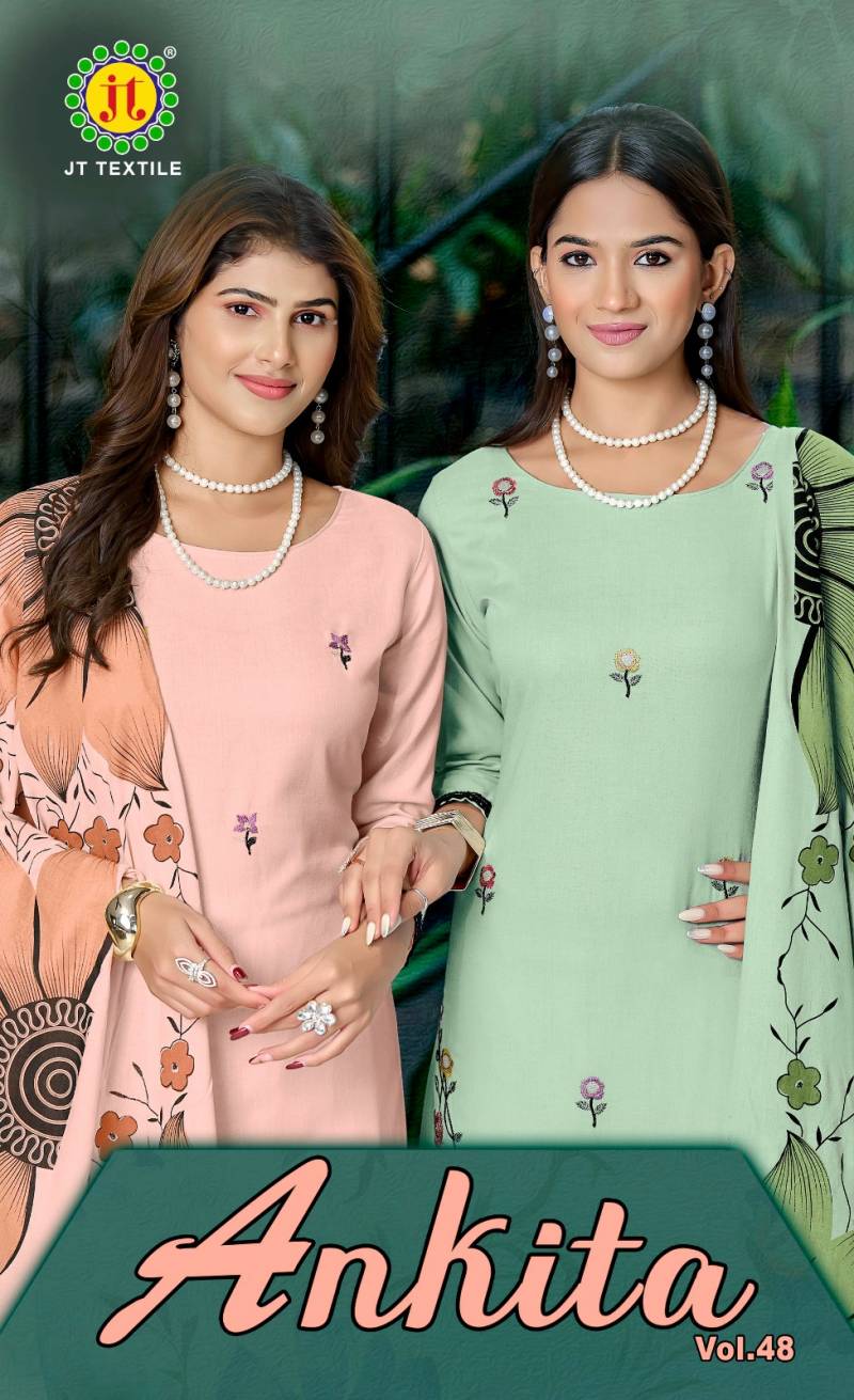 Jt Ankita Vol 48 Rayon Printed Embroidery Work Dress Material