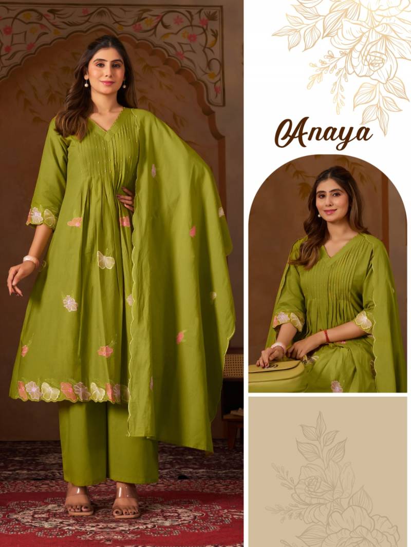 Alinee Anaya Mal Mal Cotton Embroidery Work Kurti Pant And Dupatta