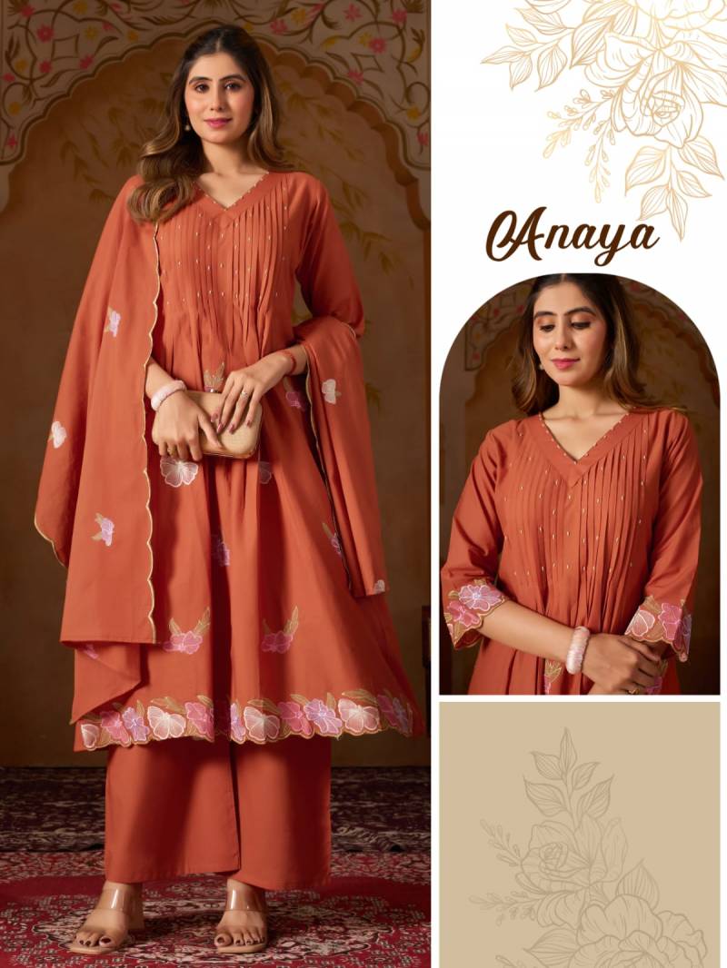 Alinee Anaya Mal Mal Cotton Embroidery Work Kurti Pant And Dupatta