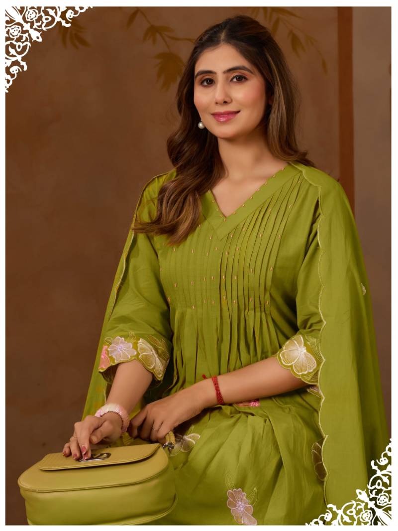 Alinee Anaya Mal Mal Cotton Embroidery Work Kurti Pant And Dupatta