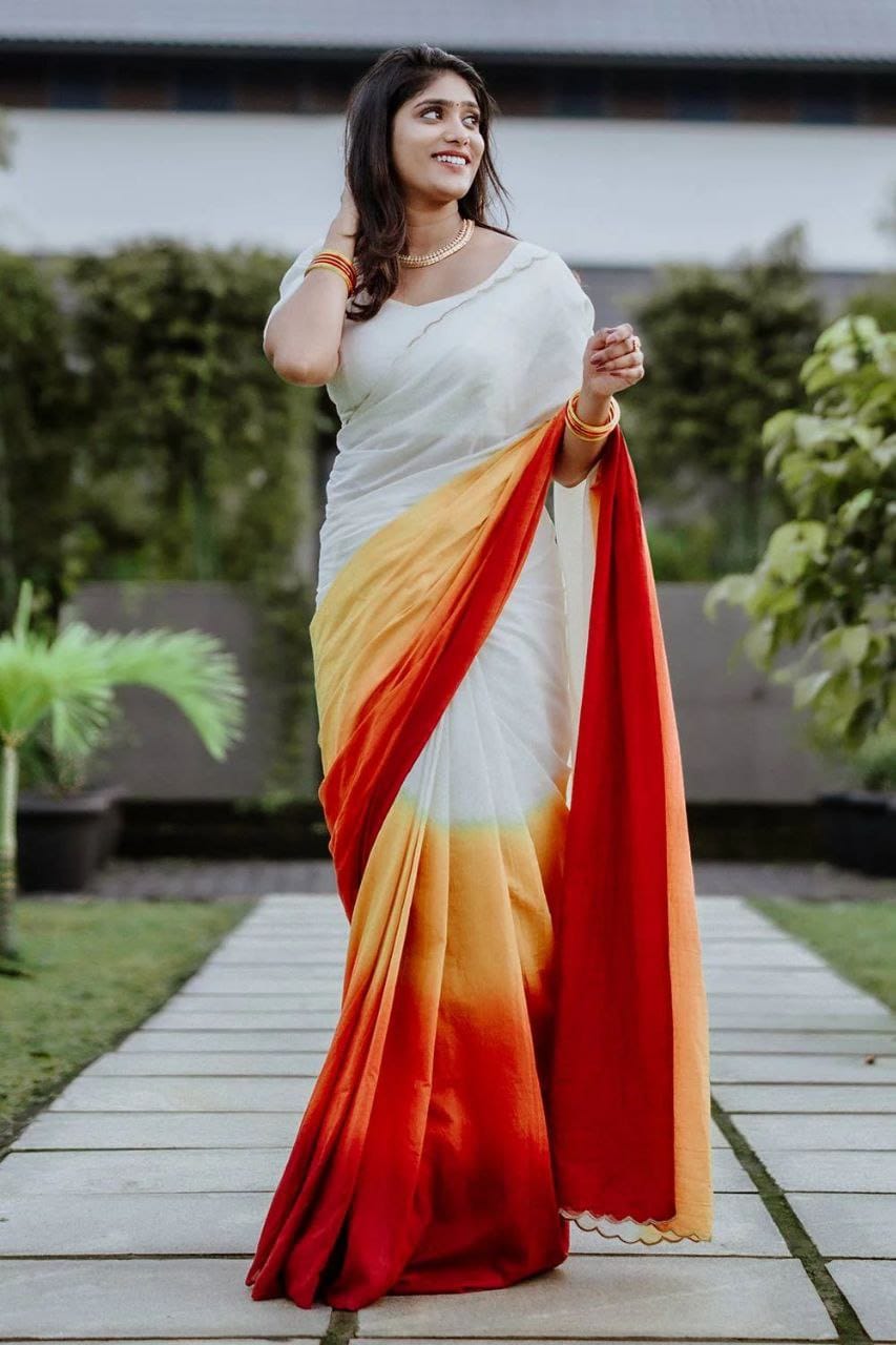 SF MG557 Plain Linen Digital Printed Cut Work Border Saree