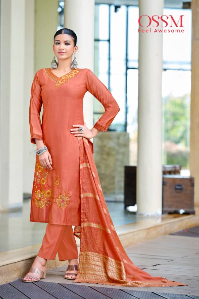 Ossm Geet Roman Silk Embroidery Work Kurti Pant And Dupatta