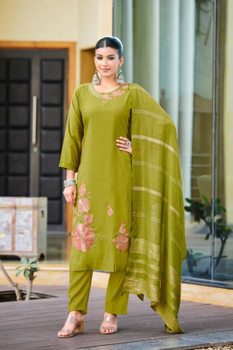 Ossm Geet Roman Silk Embroidery Work Kurti Pant And Dupatta