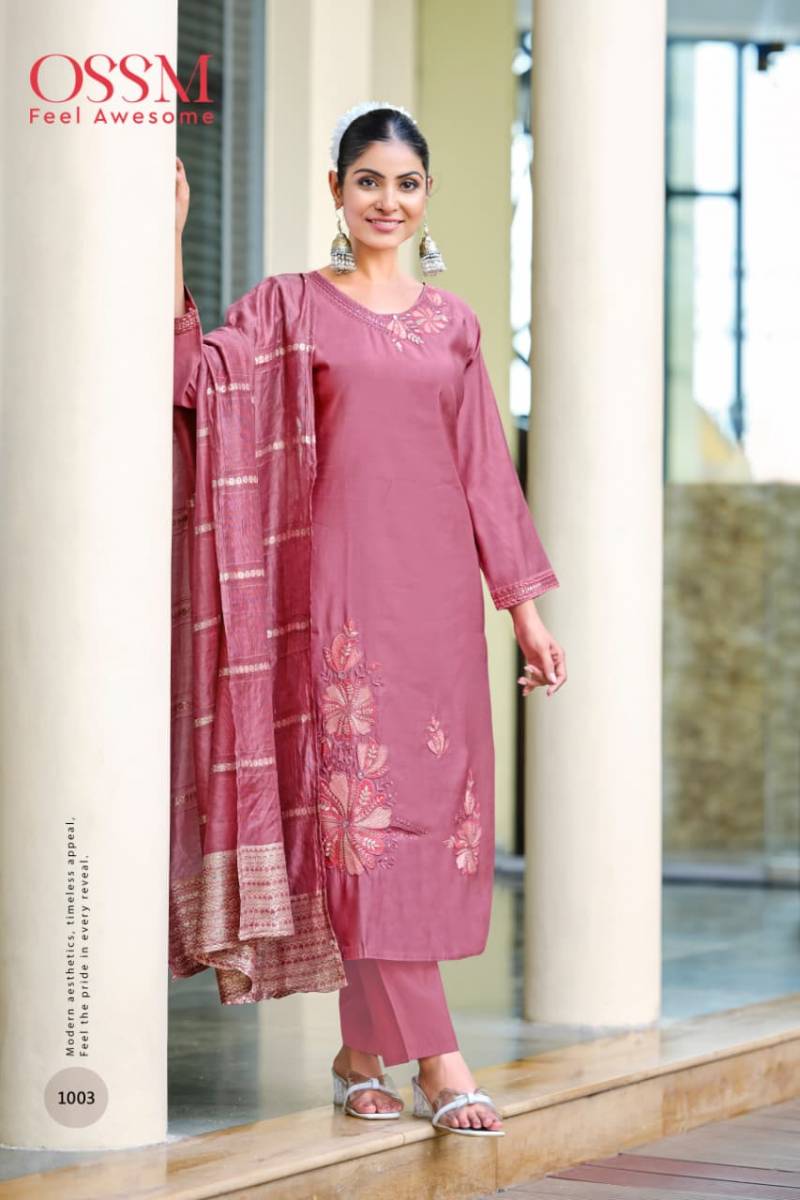 Ossm Geet Roman Silk Embroidery Work Kurti Pant And Dupatta