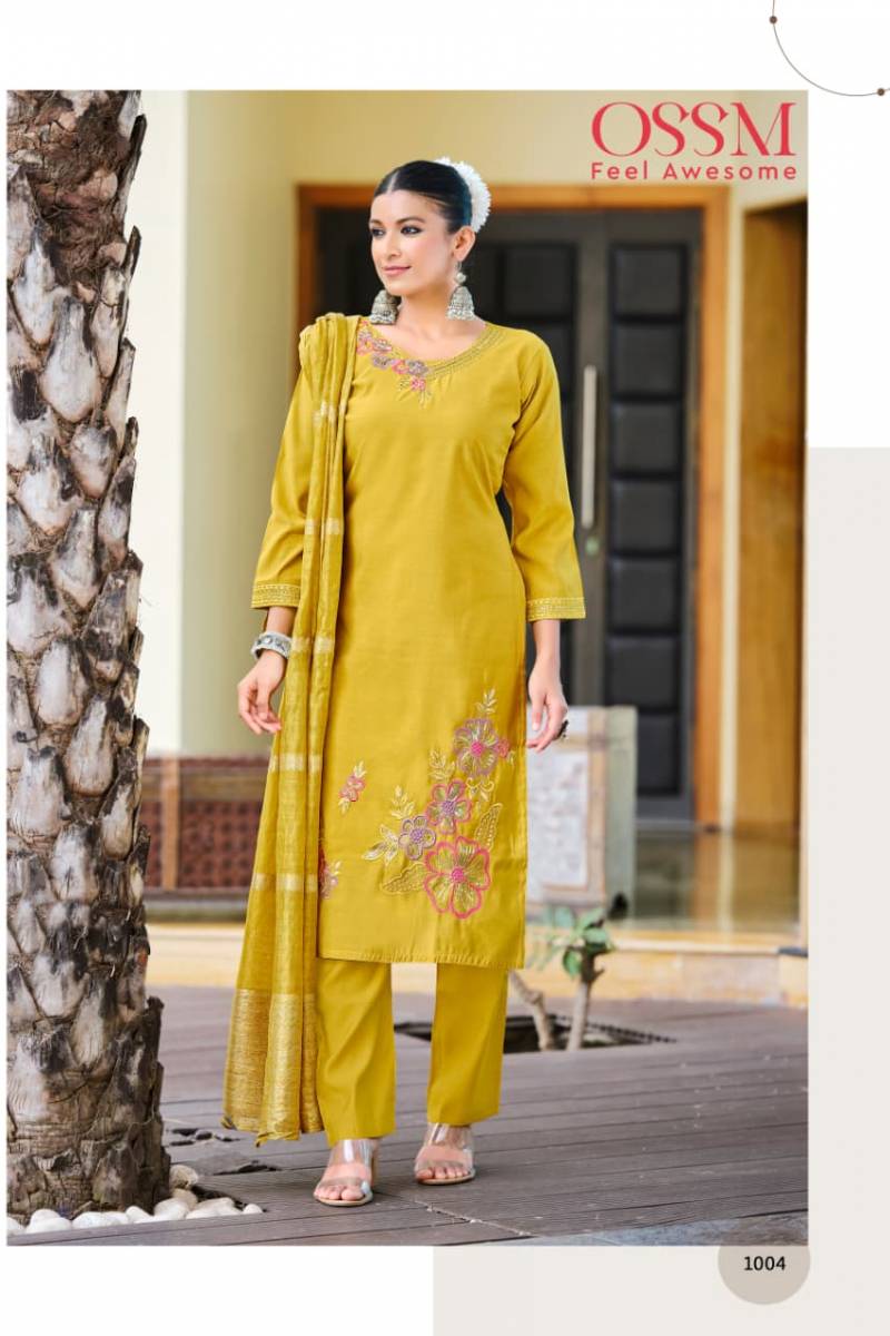 Ossm Geet Roman Silk Embroidery Work Kurti Pant And Dupatta