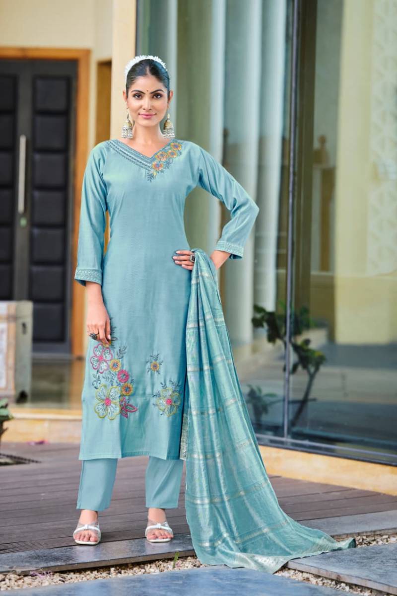 Ossm Geet Roman Silk Embroidery Work Kurti Pant And Dupatta