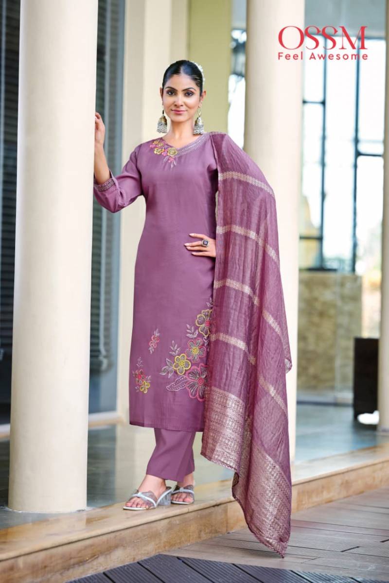 Ossm Geet Roman Silk Embroidery Work Kurti Pant And Dupatta