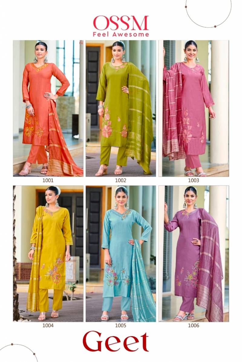 Ossm Geet Roman Silk Embroidery Work Kurti Pant And Dupatta