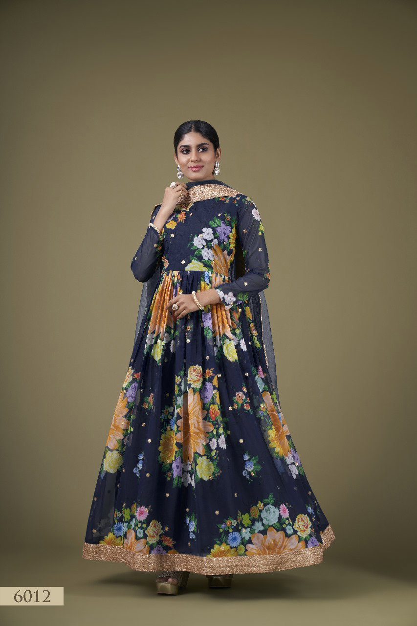 Aawiya Floral Vol 1 6012 Navy Blue Faux Georgette Printed Gown