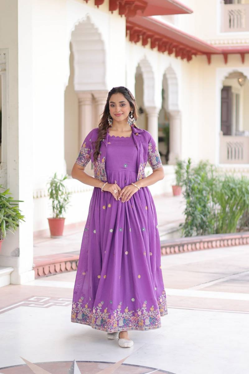 Lw 9303 Vichitra Silk Zari Embroidered Beautiful Gown With Koti Collection