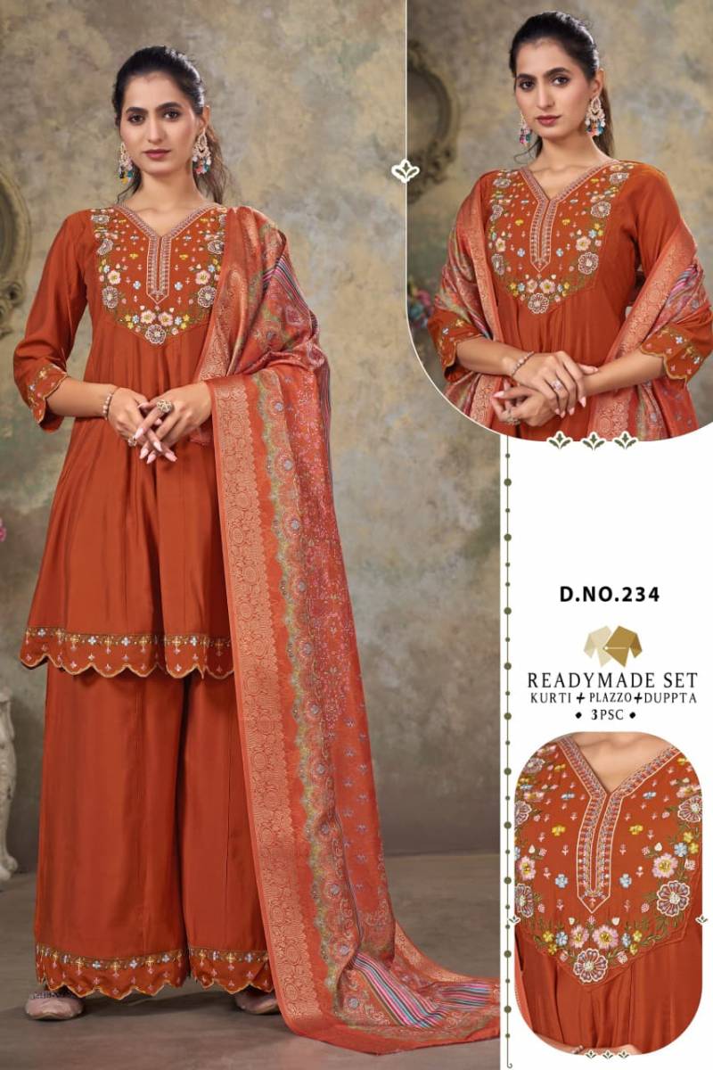 Alinee 234 And 235 Roman Silk Embroidery Work Kurti Pant And Dupatta