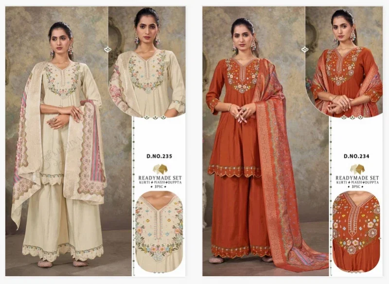 Alinee 234 And 235 Roman Silk Embroidery Work Kurti Pant And Dupatta