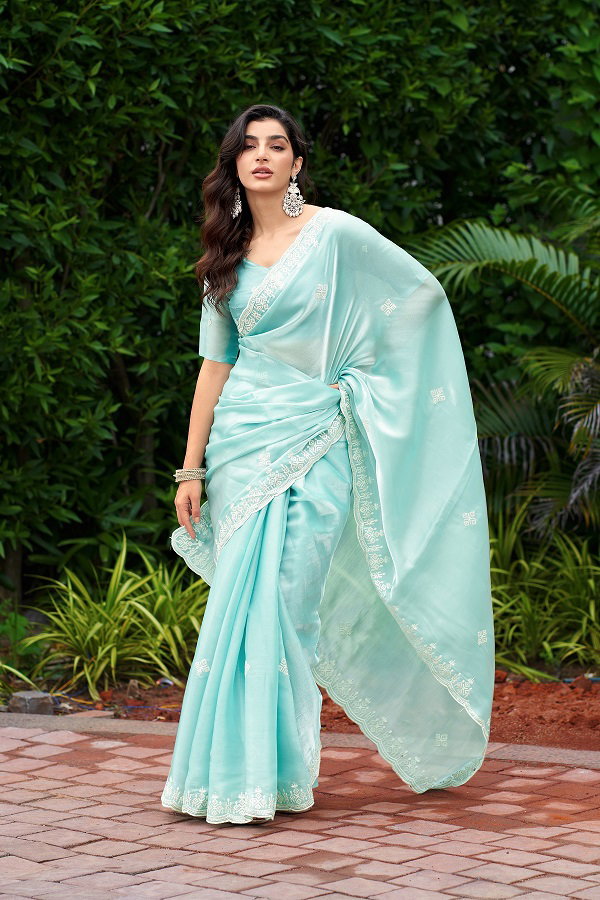Meera 313 Party Wear Embroidery Worked Shimmer Chiffon Saree with Un Stitched Blouse
