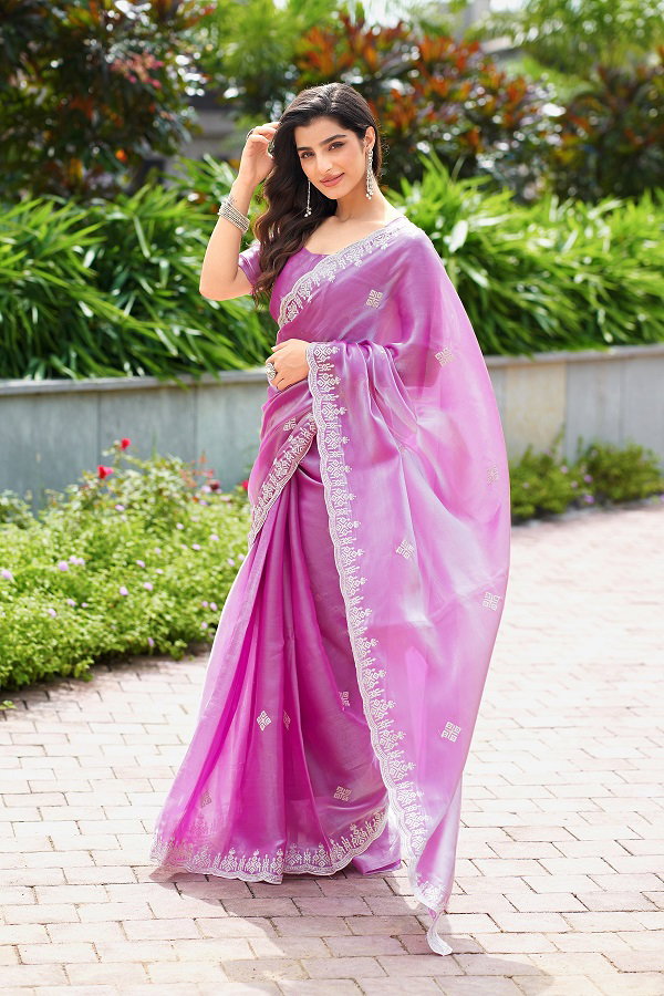 Meera 313 Party Wear Embroidery Worked Shimmer Chiffon Saree with Un Stitched Blouse