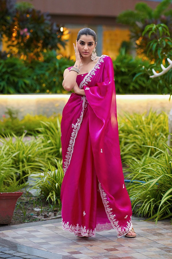 Meera 313 Party Wear Embroidery Worked Shimmer Chiffon Saree with Un Stitched Blouse