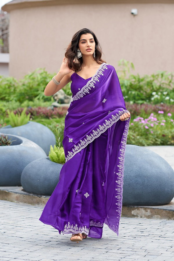 Meera 313 Party Wear Embroidery Worked Shimmer Chiffon Saree with Un Stitched Blouse
