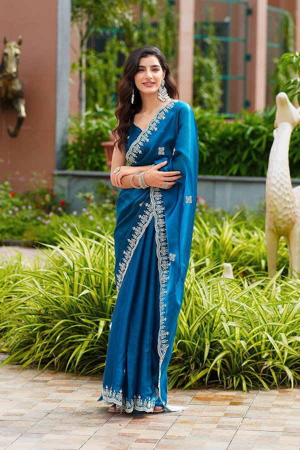 Meera 313 Party Wear Embroidery Worked Shimmer Chiffon Saree with Un Stitched Blouse