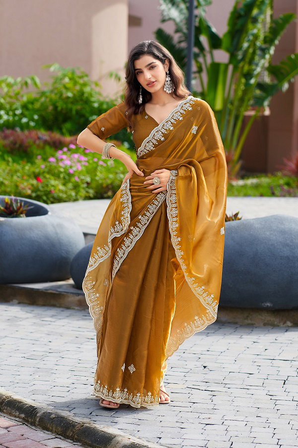 Meera 313 Party Wear Embroidery Worked Shimmer Chiffon Saree with Un Stitched Blouse