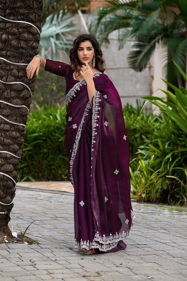 Meera 313 Party Wear Embroidery Worked Shimmer Chiffon Saree with Un Stitched Blouse