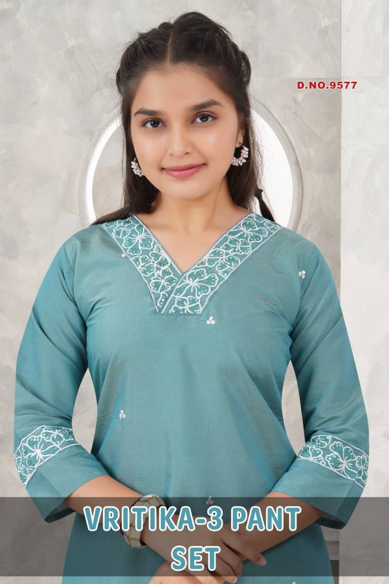 Vritika Vol 3 Pant Set Roman Shimmer Kurti And Bottom Dupatta