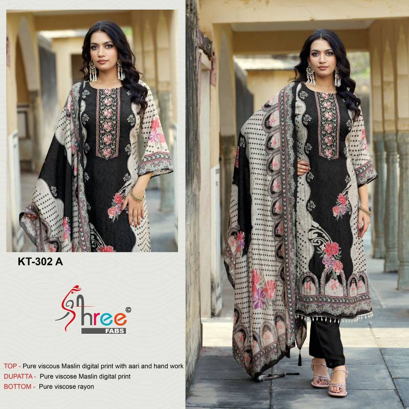 Shree Kt 302 Viscose Maslin Digital Printed With Work Salwar Kameez