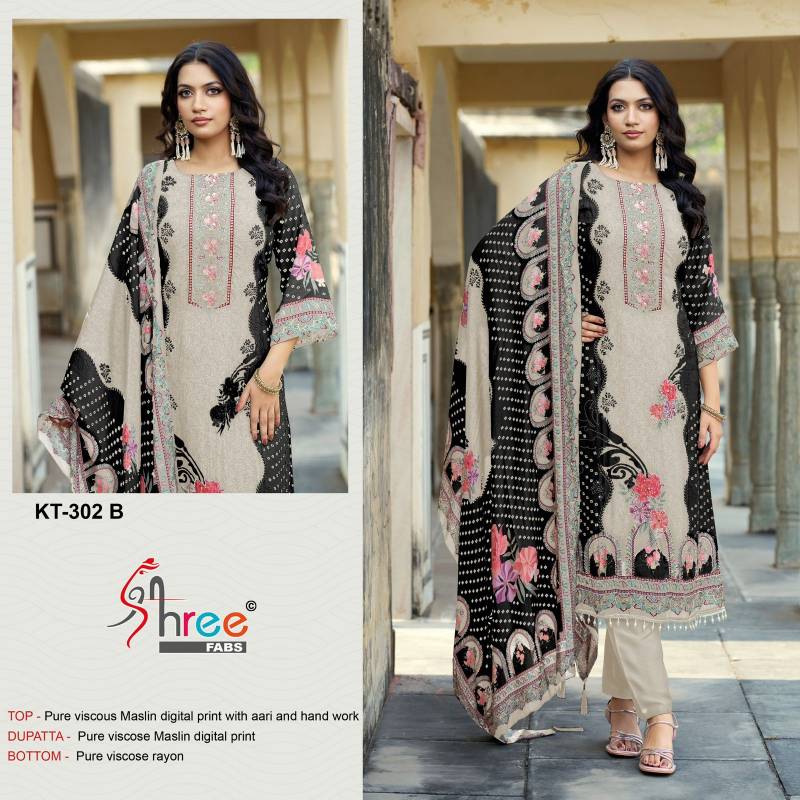 Shree Kt 302 Viscose Maslin Digital Printed With Work Salwar Kameez
