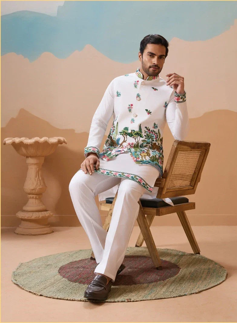 Shubhvastra Vantara Viscose Silk Threadwork Kurta Bottom Koti Collection