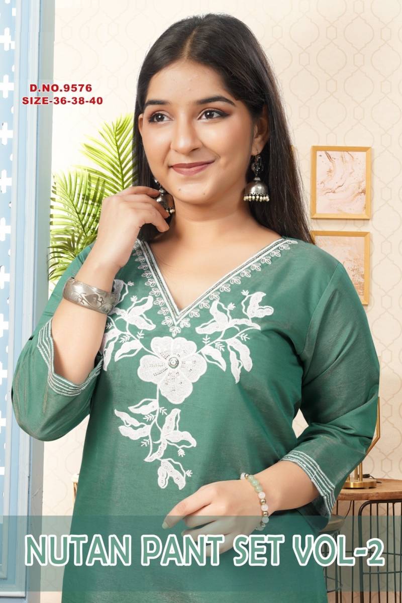 Nutan Pant Set Vol 2 Roman Shimmer Kurti Pant And Dupatta
