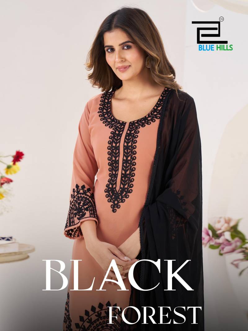 Blue Hills Black Forest Georgette Threadwork Kurti Pant And Dupatta