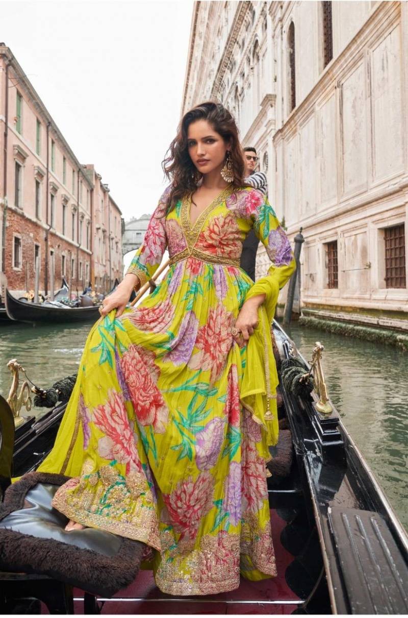 Geet 10074 To 76 Real Chinon Silk Premium Gown With Dupatta Collection